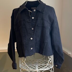 Ava & Viv Black Stretch Cropped Jean Jacket with Raw Edge